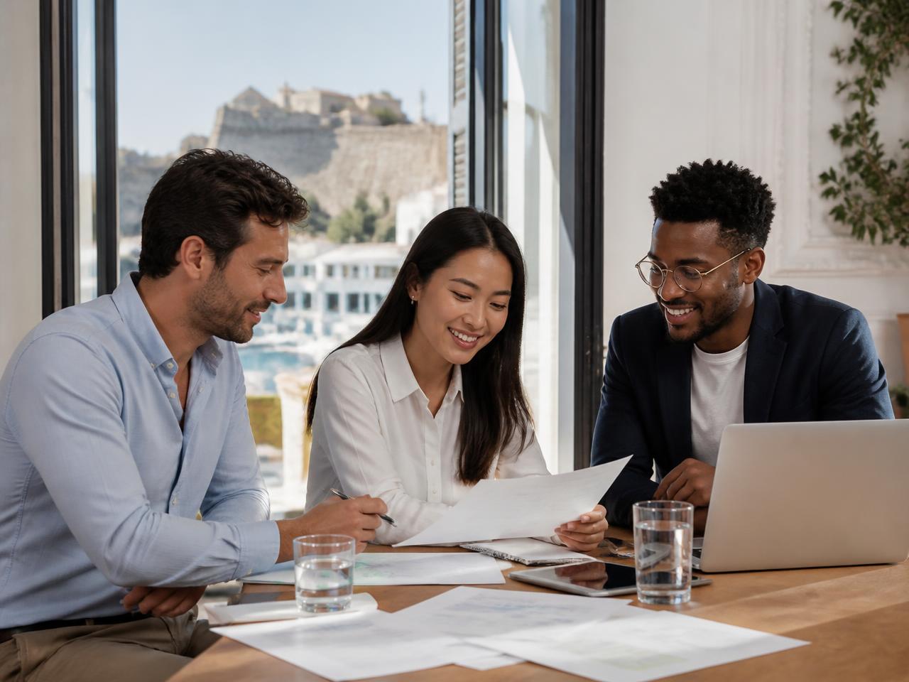 Internationale Unternehmerinnen und Unternehmer im Gespräch in einem mediterranen Büro