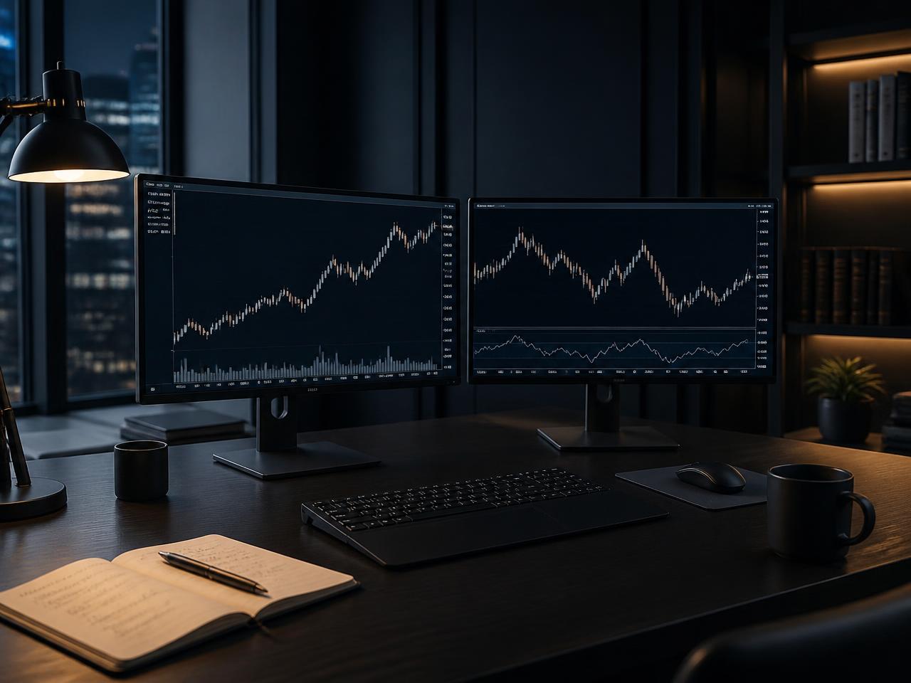 Ruhiger Trading-Arbeitsplatz mit Marktanalysen auf zwei Bildschirmen