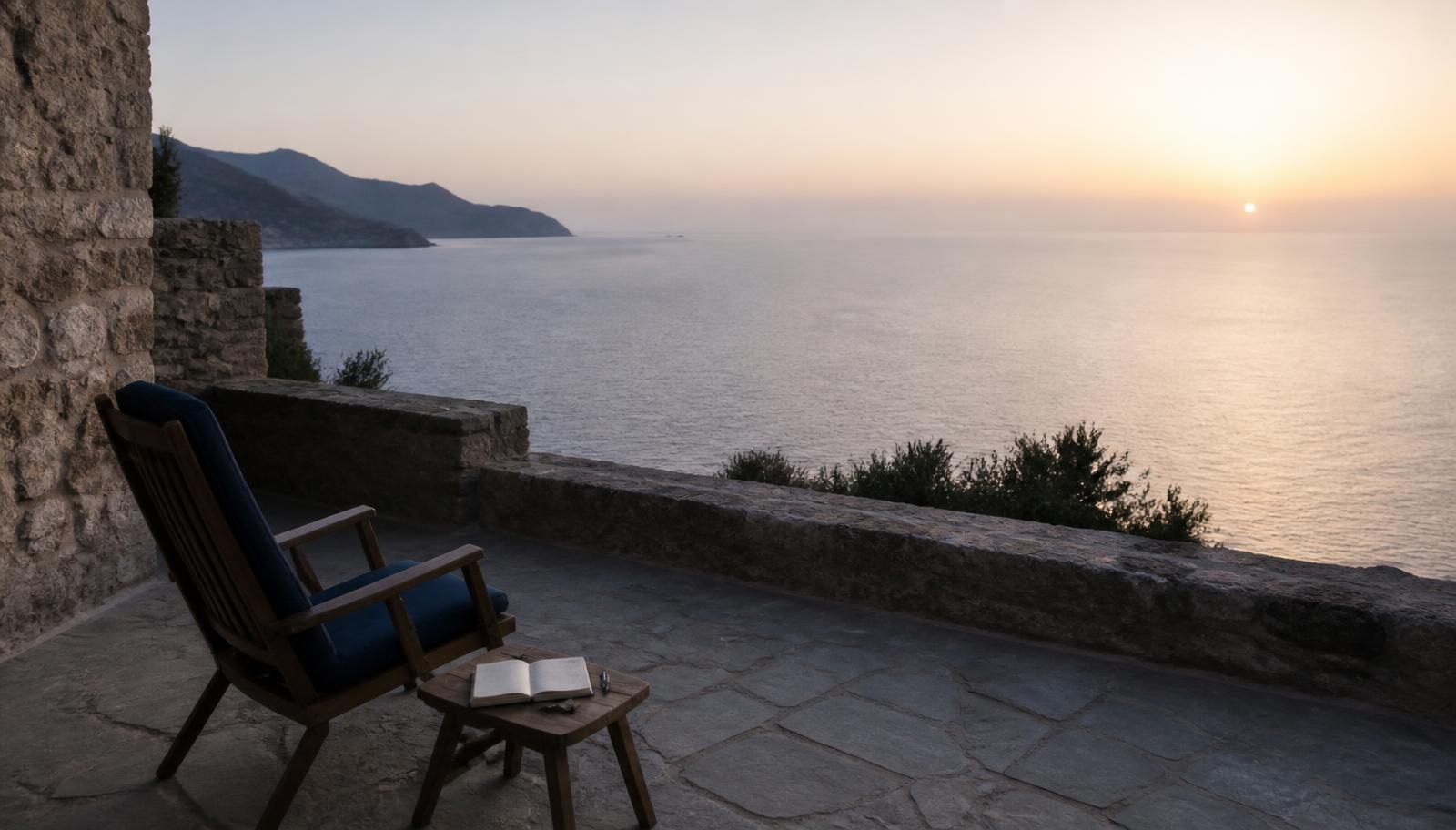 Mediterrane Steinterrasse mit Blick auf das Meer im Morgenlicht